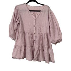 Easel Womens Boho Blush Pink Babydoll Top Large Puff 3/4 Blouse Hippie Gypsy